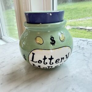 VTG 90s ND Exclusive Ceramic Lottery Money Jar Hand Painted Whimsical Blue Green